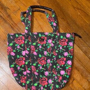 Betsey Johnson Floral Tote Bag - Black and Pink tote bag stripe interior medium